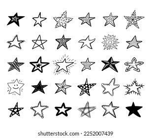 Star icons, hand drawn Christmas outlines. Sky decoration awards, ornate shapes, black label twinkle lights. Cute decorative isolated objects doodle style, vector abstract utter pictograms