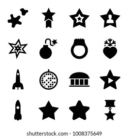 Star icons. set of 16 editable filled star icons such as observatory, explosion, rocket, heart frozen, favorite music, favorite user, cookie, disco ball