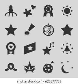 Star icons set. set of 16 star filled icons such as sun, Star, favorite music, cookie, disco ball, moon and stars, rank, flag on moon, rocket