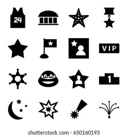 Star Icons Set. Set Of 16 Star Filled Icons Such As Vip, Observatory, Ninja, Moon And Stars, Favourite User, Fireworks, Favorite Photo, Sheriff, Sport T Shirt Number 24