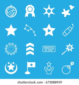 Star icons set. set of 16 star filled and outline icons such as favorite music, cookie, disco ball, sheriff, rank, flag, star, vip, explosion, firework, fireworks, sparklers