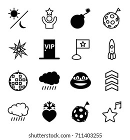 Star icons set. set of 16 star filled and outline icons such as sun, explosion, ninja, heart frozen, vip door, sun and moon, flag on moon, favorite music, rank, flag