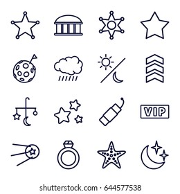 Star icons set. set of 16 star outline icons such as vip, sun, observatory, bed mobile, firework, star, moon and stars, sheriff, starfish, sun and moon, rank, flag on moon