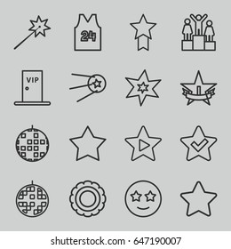 Star icons set. set of 16 star outline icons such as explosion, favorite music, disco ball, vip door, sport t shirt number 24, ranking, sparklers