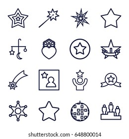 Star icons set. set of 16 star outline icons such as bed mobile, heart frozen, favorite photo, sheriff, rank, ranking, celebrity, explode, sparklers