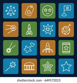 Star icons set. set of 16 star outline icons such as observatory, star, fireworks, cookie, rocket, tag, flag on moon, flag
