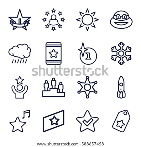 star icons set. Set of 16 star outline icons such as sun, explosion, star, favorite music, snowflake, sheriff, rank, ranking, ninja, tag, celebrity