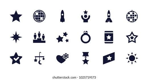 Star icons. set of 18 editable filled star icons: sun, bed mobile, disco ball, rocket, ranking, ring, celebrity, rank