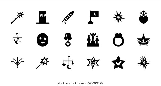 Star icons. set of 18 editable filled star icons: bed mobile, explosion, sparklers, explode, heart frozen, fireworks, vip door, ranking, flag