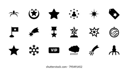Star icons. set of 18 editable filled star icons: sun, rocket, falling star, fireworks, disco ball, snowflake, flag, vip