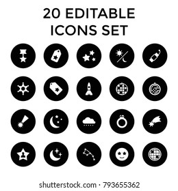 Star icons. set of 20 editable filled star icons such as tag, constellation, disco ball, favorite user, firework, sheriff, ring. best quality star elements in trendy style.