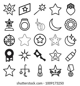 Star icons. set of 25 editable outline star icons such as bed mobile, sparklers, disco ball, rocket, heart frozen, star, award, favorite user, firework, fireworks, crescent