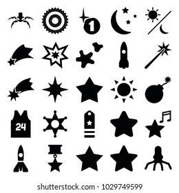 Star icons. set of 25 editable filled star icons such as sun, star, explosion, rocket, favorite music, fireworks, cookie, sheriff, sport t shirt number 24, sun and moon, rank