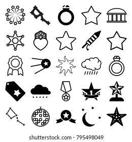 Star icons. set of 25 editable filled and outline star icons such as fireworks, moon and stars, 1st place star, ring, sun, observatory, medal, heart frozen, disco ball