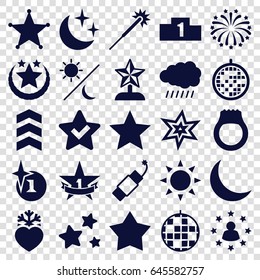 Star icons set. set of 25 star filled icons such as sun, explosion, sparklers, heart frozen, firework, fireworks, crescent, star, disco ball, moon and stars, sheriff