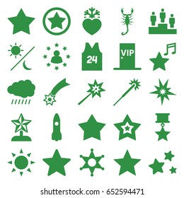 Star icons set. set of 25 star filled icons such as sun, scorpion, sparklers, heart frozen, favorite music, star, vip door, sheriff, ranking, sport t shirt number 24