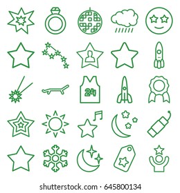 Star icons set. set of 25 star outline icons such as sun, star, favorite music, favorite user, firework, fireworks, disco ball, snowflake, rocket, sport t shirt number 24
