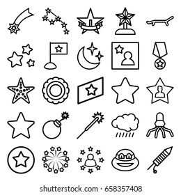 Star icons set. set of 25 star outline icons such as sun, explosion, sparklers, star, favourite user, fireworks, favorite photo, moon and stars, starfish, rank, ninja