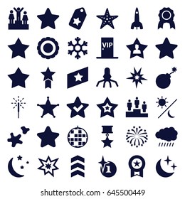 Star icons set. set of 36 star filled icons such as sun, star, star, explosion, favourite user, sparkler, fireworks, cookie, vip door, snowflake, sheriff, ranking, rocket