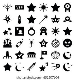 Star icons set. set of 36 star filled icons such as sun, scorpion, vip, observatory, star, sparklers, favorite music, fireworks, firework, disco ball, favorite photo, ranking