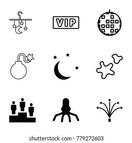 Star icons. set of 9 editable filled and outline star icons such as rocket, fireworks, moon and stars, ranking, vip, disco ball, cookie, bed mobile