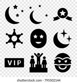 Star icons. set of 9 editable filled star icons such as vip, moon and stars, sheriff, ranking