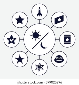 star icons set. Set of 9 star filled icons such as explosion, star, ninja, sheriff, rocket, sun and moon