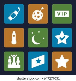 Star icons set. set of 9 star filled icons such as vip, star, firework, moon and stars, rank, ranking, flag on moon