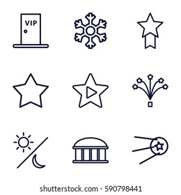 star icons set. Set of 9 star outline icons such as observatory, favorite music, fireworks, vip door, snowflake