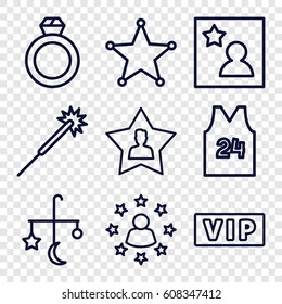 Star icons set. set of 9 star outline icons such as vip, bed mobile, sparklers, favourite user, favorite photo, sheriff, sport t shirt number 24, ring