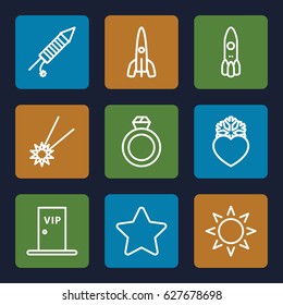 Star icons set. set of 9 star outline icons such as sun, heart frozen, fireworks, vip door, rocket
