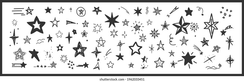 Sterne-Symbole. Set von schwarzem Funkeleffekt. Zauberpartikel, flach, mit Schreib ausgelegt auf weißem Hintergrund. Shine-Effekt Cartoon-Doodle-Stil. Twinkle Elemente für die Party, festlich. Vektorgrafik.