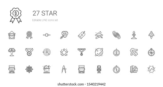 star icons set. Collection of star with compass, astronaut, magician, observatory, best seller, planet, medal, best, solar system, trophy, galaxy. Editable and scalable star icons.