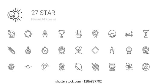 star icons set. Collection of star with magician, meteorites, uranus, badges, eclipse, solar system, nebula, compass, patch, snowing, seer, wind rose. Editable and scalable star icons.