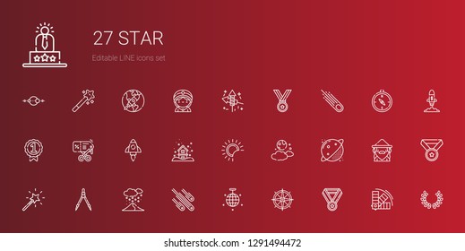 star icons set. Collection of star with medal, compass, mirror ball, meteorites, snowing, magic wand, planet, moon, eclipse, startup, discount. Editable and scalable star icons.