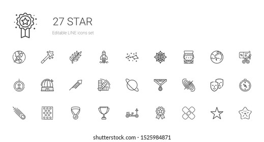 star icons set. Collection of star with patch, badges, moon rover, trophy, medal, bubble warp, asteroid, black hole, uranus, color, fireworks. Editable and scalable star icons.