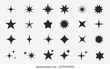 Star icons set. Collection of star shapes. Abstract sparkle set in retro futuristic style. Star shape elements for design, posters, logo etc. Vector illustration