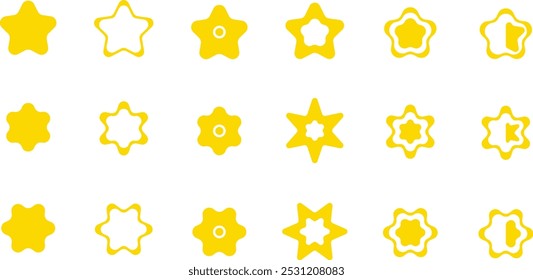 Stern-Symbole gesetzt. Handgezeichnete Sterne. Sammlung von verschiedenen hellen goldenen Sternen. Goldsternsymbol einzeln auf weißem Hintergrund. Sternsymbol, Vektorgrafik