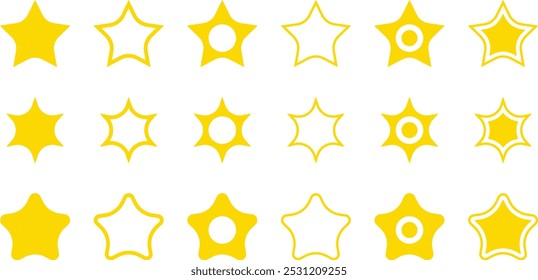 Star icons set. Hand drawn stars set. Collection of bright different golden stars. Gold star icon set isolated on a white background. Star illustration sign