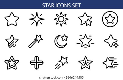 Star Icons Set - Classificação, Favorito, Prêmio e Classificação.