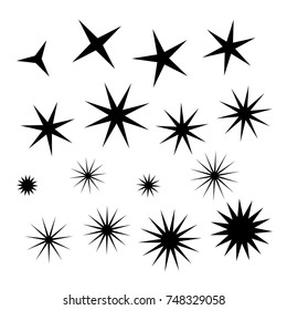 Star icons set, sixteen various black isolated stars, vector illustration.