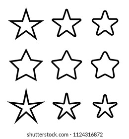 Star icons set, various five pointed black outlined stars, vector illustration.