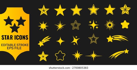 Sternensymbole, Vektorgrafik-Kollektion verschiedener Sternenformen, Funkeln und Sternenaufnahmen mit bearbeitbarem Strich