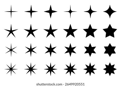Star icons. Sparkles, shining burst. Star symbols.  Stars of different shapes, a set of templates for greeting card, poster.