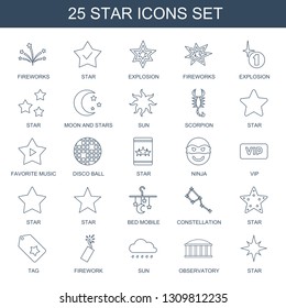 star icons. Trendy 25 star icons. Contain icons such as fireworks, explosion, moon and stars, sun, scorpion, favorite music, disco ball, ninja, vip. star icon for web and mobile.