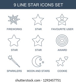 star icons. Trendy 9 star icons. Contain icons such as fireworks, favourite user, award, sparklers, moon and stars, cookie. star icon for web and mobile.