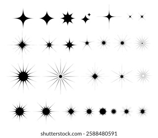 Star icons, twinkling stars. Sparkles, shining burst. Set collection, vector black radiant symbols isolated on white background