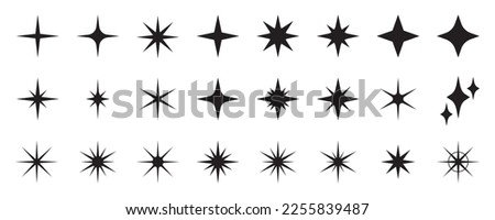 Star icons. Twinkling stars. Symbols of sparkle, glint, gleam, etc. Christmas vector symbols isolated white background.