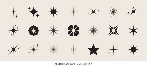 Star icons and twinkling vector shapes, including sparkles, sunbursts, and light flares. Collection of abstract shining designs. Set isolated on a white background.