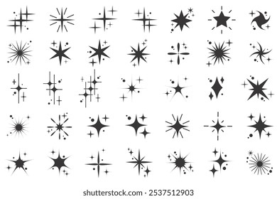 Star icons. Vector bling and sparkle shapes. Retro Y2K graphic design elements set. Vintage twinkle starburst. Abstract simple 70s black Christmas symbols.